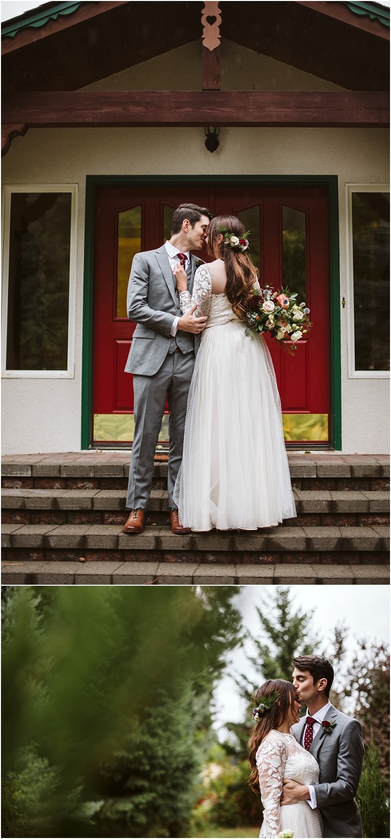 Premier Snohomish & Seattle Wedding Photographer | GSquared Weddings Photography A newlywed couple in wedding attire stands smiling and embracing outside red doors at their Snohomish wedding, then lovingly gazes at each other in a garden. The bride holds a bouquet and wears a flower crown, capturing Seattle engagement vibes. 47.9129° N, 122.0982° W | Serving Snohomish, Seattle , Orlando & Beyond