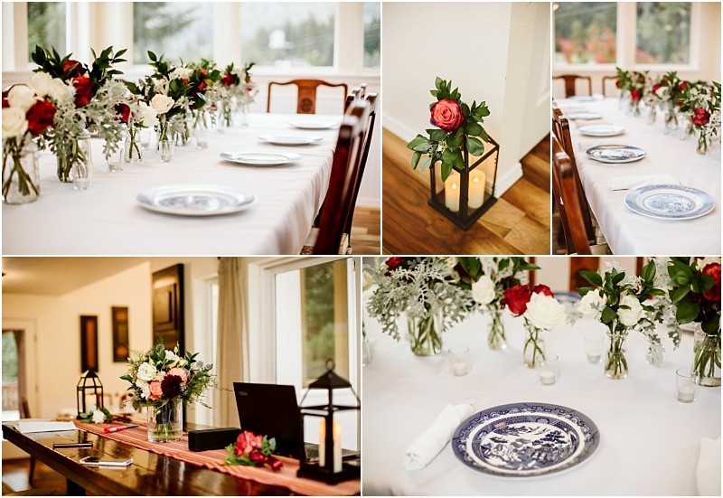 Premier Snohomish & Seattle Wedding Photographer | GSquared Weddings Photography A collage of elegant table settings for a Snohomish Seattle wedding, featuring white tablecloths, blue and white plates, glass vases with red and white flowers, greenery, and decorative lanterns in a bright, airy room. 47.9129° N, 122.0982° W | Serving Snohomish, Seattle , Orlando & Beyond