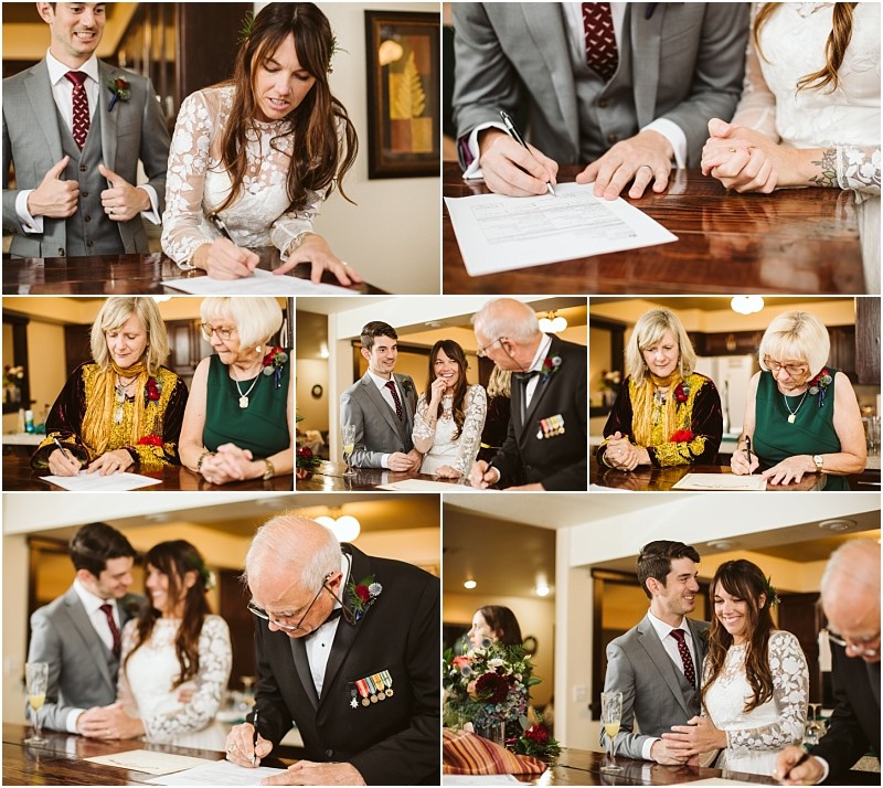 Premier Snohomish & Seattle Wedding Photographer | GSquared Weddings Photography A collage of Snohomish wedding ceremony photos shows a couple signing documents, exchanging smiles, and posing with family members and an officiant in a warmly lit indoor setting. 47.9129° N, 122.0982° W | Serving Snohomish, Seattle , Orlando & Beyond