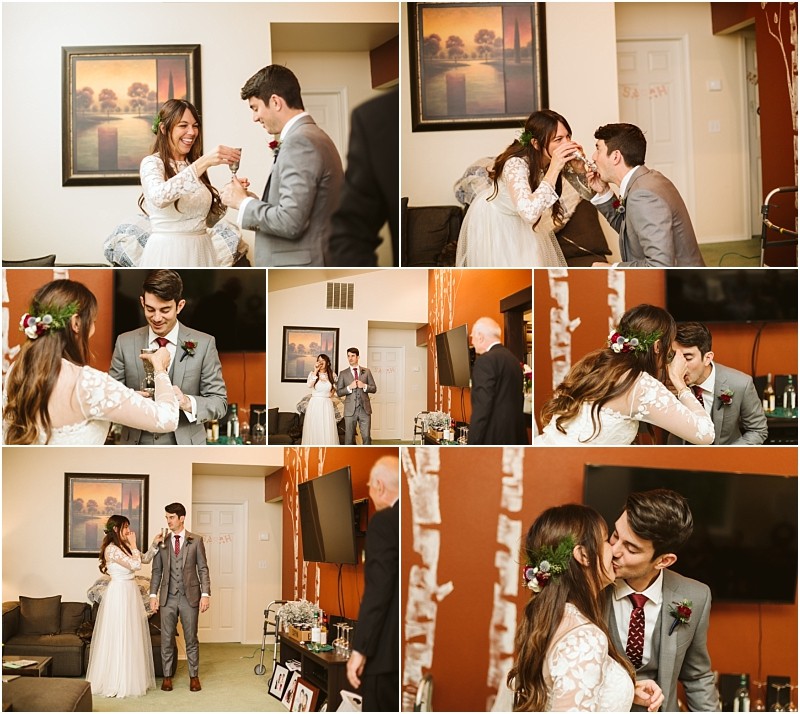 Premier Snohomish & Seattle Wedding Photographer | GSquared Weddings Photography A collage of six photos shows a bride and groom in a living room, exchanging cake, smiling, and sharing affectionate moments during what appears to be an intimate Snohomish wedding celebration at home. 47.9129° N, 122.0982° W | Serving Snohomish, Seattle , Orlando & Beyond