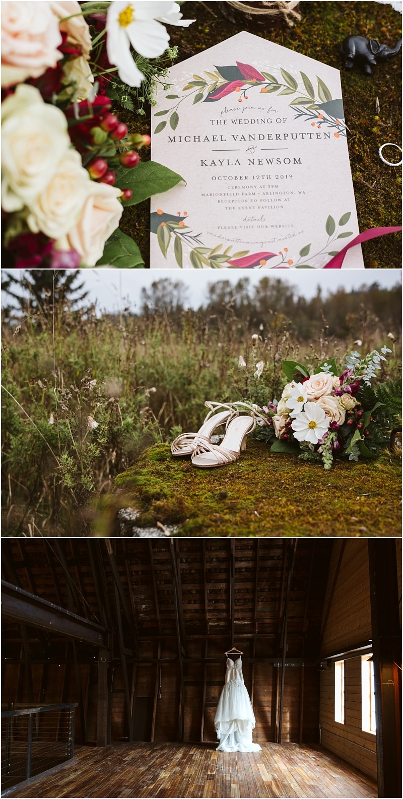 Premier Snohomish & Seattle Wedding Photographer | GSquared Weddings Photography A Snohomish wedding invitation lies on moss with flowers; a pair of heels and bouquet rest on grass; a wedding dress hangs in a rustic, wooden barn near Seattle, sunlight softly filtering through. 47.9129° N, 122.0982° W | Serving Snohomish, Seattle , Orlando & Beyond