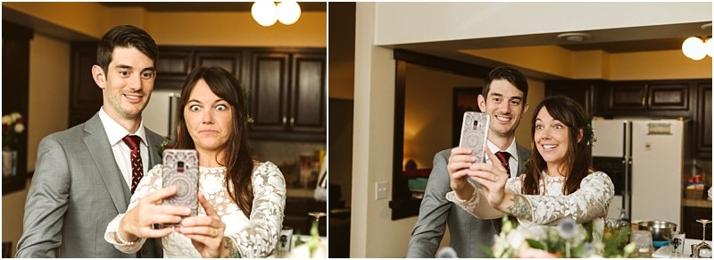 Premier Snohomish & Seattle Wedding Photographer | GSquared Weddings Photography Two people, dressed formally, stand in a kitchen taking selfies together. The woman makes a silly face in one photo and smiles in the other, capturing playful moments before their Snohomish Seattle wedding engagement celebration. 47.9129° N, 122.0982° W | Serving Snohomish, Seattle , Orlando & Beyond