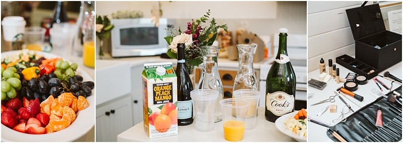 Premier Snohomish & Seattle Wedding Photographer | GSquared Weddings Photography Three images: A fruit platter with strawberries, grapes, and citrus; a kitchen counter with juice, sparkling wine, carafes, cups, and flowers; a makeup kit ready for a Snohomish Seattle wedding or engagement celebration. 47.9129° N, 122.0982° W | Serving Snohomish, Seattle , Orlando & Beyond