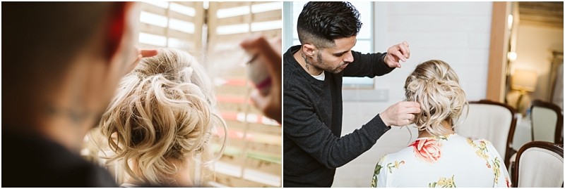 Premier Snohomish & Seattle Wedding Photographer | GSquared Weddings Photography Two images show a hairstylist perfecting a woman's blonde updo for her Snohomish Seattle wedding; both are viewed from behind, with the stylist adjusting the hair and the woman in a floral robe. 47.9129° N, 122.0982° W | Serving Snohomish, Seattle , Orlando & Beyond