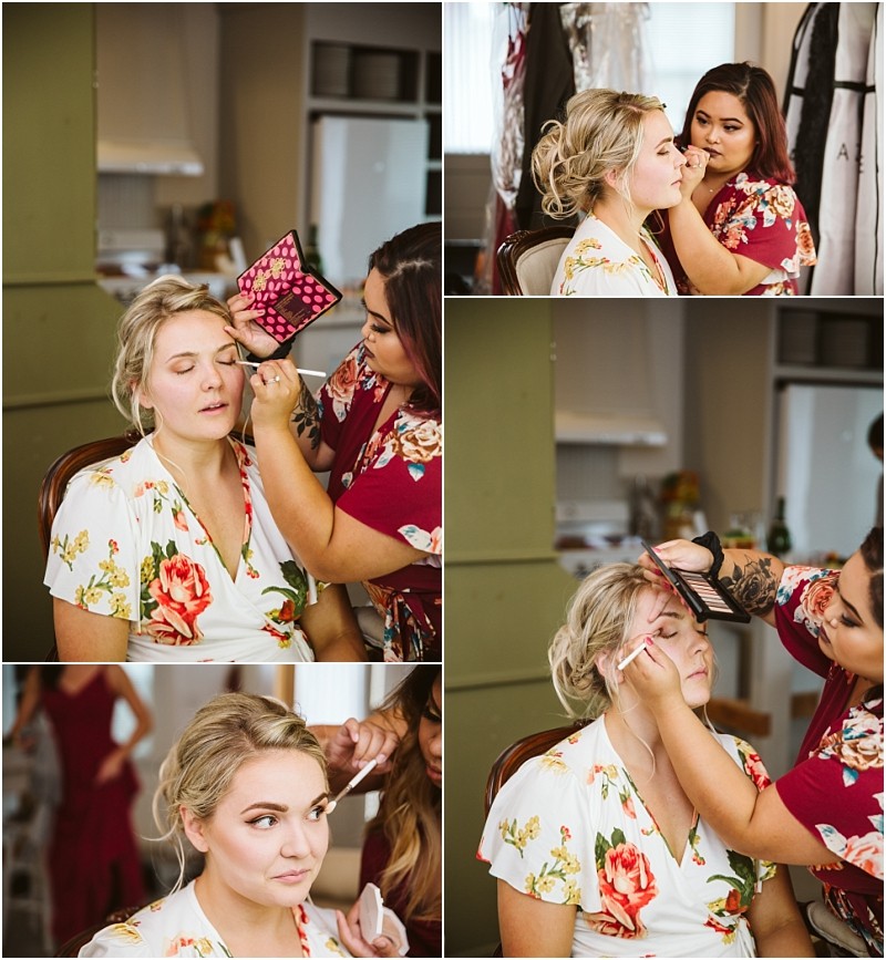 Premier Snohomish & Seattle Wedding Photographer | GSquared Weddings Photography Four photos show a woman with blonde hair in a floral robe having her makeup done by an artist indoors. Captured in the Snohomish Seattle area, these moments are perfect for wedding or engagement inspiration. 47.9129° N, 122.0982° W | Serving Snohomish, Seattle , Orlando & Beyond