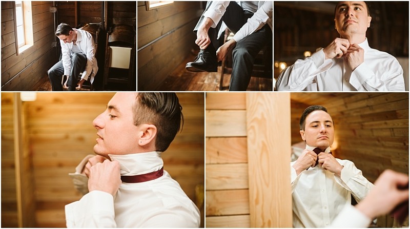 Premier Snohomish & Seattle Wedding Photographer | GSquared Weddings Photography A man in a white shirt gets dressed in a rustic wooden room near Snohomish, putting on shoes, adjusting his collar, and tying a dark tie—a perfect moment for a Seattle wedding or engagement captured in close-up and mid-range shots. 47.9129° N, 122.0982° W | Serving Snohomish, Seattle , Orlando & Beyond