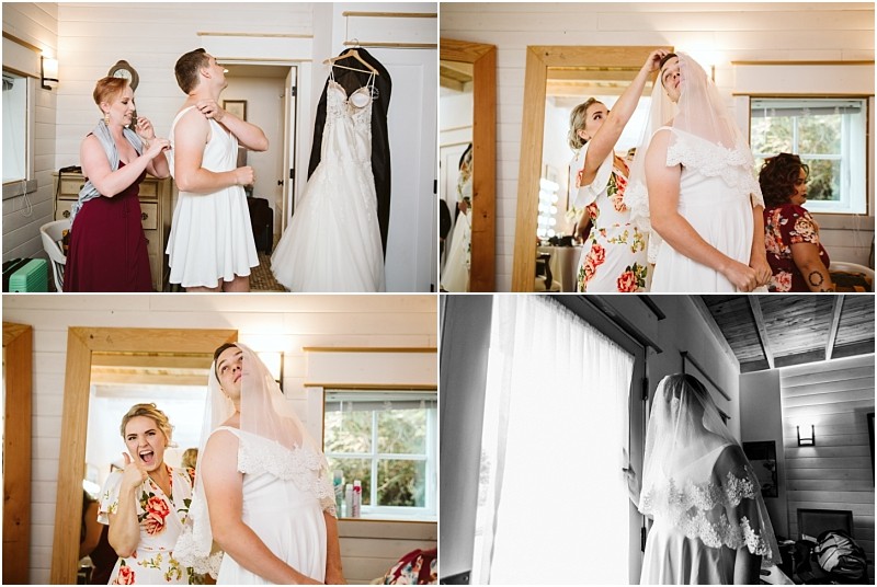 Premier Snohomish & Seattle Wedding Photographer | GSquared Weddings Photography Four photos show a man playfully wearing a white dress and veil in a bright room, as a woman laughs and helps him get ready beside a hanging wedding gown. Light from the window highlights this joyful Snohomish Seattle wedding moment. 47.9129° N, 122.0982° W | Serving Snohomish, Seattle , Orlando & Beyond