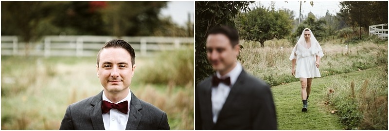 Premier Snohomish & Seattle Wedding Photographer | GSquared Weddings Photography A groom in a suit stands outdoors, smiling, as his bride in a white dress and veil walks toward him along a grassy path on a cloudy Snohomish day—capturing the magic of a Seattle wedding engagement. 47.9129° N, 122.0982° W | Serving Snohomish, Seattle , Orlando & Beyond