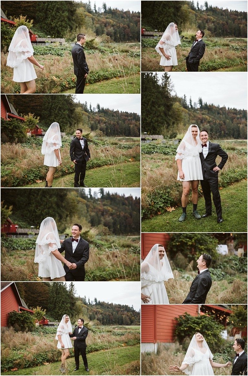 Premier Snohomish & Seattle Wedding Photographer | GSquared Weddings Photography A bride in a short white dress, green boots, and veil shares a joyful first look with her smiling groom in a tuxedo outdoors near a red barn and garden during their Snohomish Seattle wedding, surrounded by lush greenery and trees. 47.9129° N, 122.0982° W | Serving Snohomish, Seattle , Orlando & Beyond