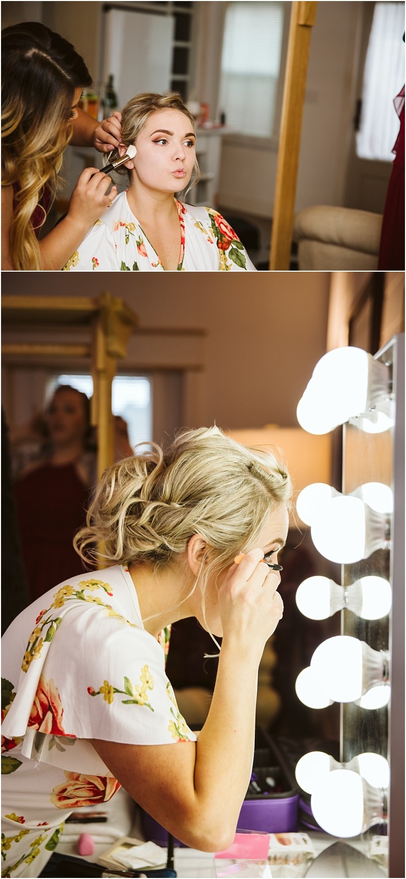 Premier Snohomish & Seattle Wedding Photographer | GSquared Weddings Photography A woman in a floral robe gets her makeup done by another person, then applies mascara at a vanity mirror with bright lights, preparing for a Snohomish Seattle wedding or engagement. 47.9129° N, 122.0982° W | Serving Snohomish, Seattle , Orlando & Beyond