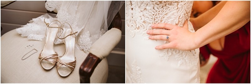 Premier Snohomish & Seattle Wedding Photographer | GSquared Weddings Photography Left: Gold strappy high-heeled sandals, a necklace, and earrings on a chair beside a wedding dress. Right: Close-up of a hand with an engagement ring resting on the waist of a lace gown at this dreamy Snohomish Seattle wedding engagement. 47.9129° N, 122.0982° W | Serving Snohomish, Seattle , Orlando & Beyond