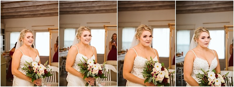 Premier Snohomish & Seattle Wedding Photographer | GSquared Weddings Photography A bride in a white wedding dress holding a bouquet of flowers displays a range of emotional expressions in four side-by-side photos, standing in a warmly lit room with wooden ceiling beams at her Snohomish Seattle wedding. 47.9129° N, 122.0982° W | Serving Snohomish, Seattle , Orlando & Beyond