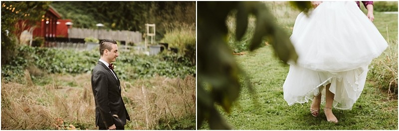 Premier Snohomish & Seattle Wedding Photographer | GSquared Weddings Photography A man in a suit stands outdoors in a grassy area, smiling as he looks ahead. Nearby, during a Snohomish Seattle wedding engagement, the lower part of a white wedding dress and feet are visible walking across the grass. 47.9129° N, 122.0982° W | Serving Snohomish, Seattle , Orlando & Beyond