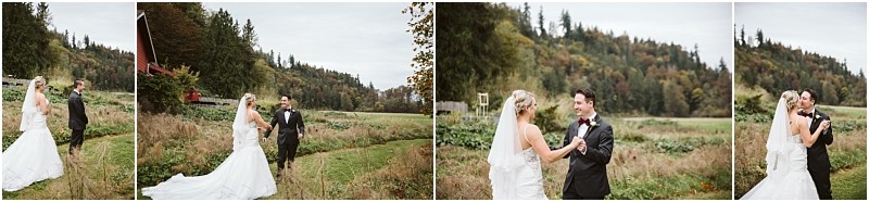 Premier Snohomish & Seattle Wedding Photographer | GSquared Weddings Photography A bride and groom share a first look outdoors on a grassy path near Snohomish, surrounded by trees and hills, both smiling and holding hands in a rustic natural setting perfect for a Seattle wedding engagement. 47.9129° N, 122.0982° W | Serving Snohomish, Seattle , Orlando & Beyond