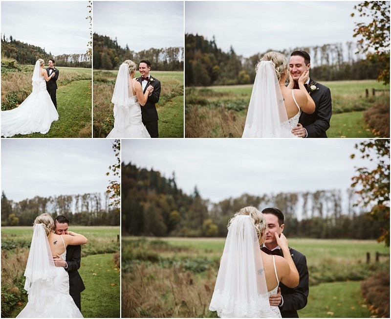 Premier Snohomish & Seattle Wedding Photographer | GSquared Weddings Photography A bride and groom share an emotional first look outdoors in a Snohomish field, surrounded by trees and hills, embracing and smiling lovingly at each other in wedding attire before their Seattle wedding engagement. 47.9129° N, 122.0982° W | Serving Snohomish, Seattle , Orlando & Beyond