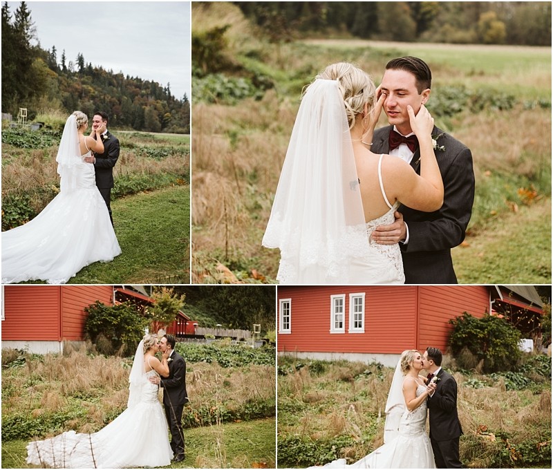 Premier Snohomish & Seattle Wedding Photographer | GSquared Weddings Photography A bride and groom share an emotional first look outdoors near greenery and a red barn, embracing and smiling at each other on their Snohomish wedding day. 47.9129° N, 122.0982° W | Serving Snohomish, Seattle , Orlando & Beyond