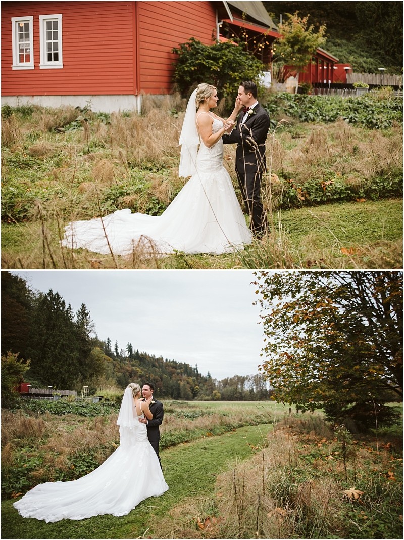 Premier Snohomish & Seattle Wedding Photographer | GSquared Weddings Photography Two images of a bride and groom standing outdoors in front of a red barn and lush greenery on their Snohomish wedding day, smiling and holding hands. The bride wears a white gown with a train and veil. 47.9129° N, 122.0982° W | Serving Snohomish, Seattle , Orlando & Beyond