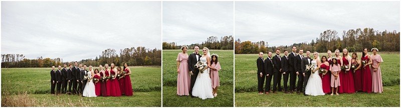 Premier Snohomish & Seattle Wedding Photographer | GSquared Weddings Photography Three Snohomish wedding party photos on a grassy field: the bride, groom, bridesmaids in red dresses, and groomsmen in dark suits; the bride with bridesmaids; and everyone smiling together at this joyful Seattle engagement. 47.9129° N, 122.0982° W | Serving Snohomish, Seattle , Orlando & Beyond