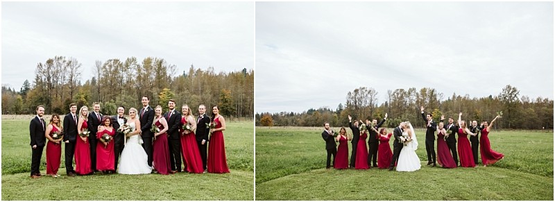 Premier Snohomish & Seattle Wedding Photographer | GSquared Weddings Photography Two group wedding photos taken in Snohomish near Seattle show a bride and groom with their wedding party on a green lawn, bridesmaids in red dresses, and groomsmen in dark suits, all surrounded by trees under a cloudy sky. 47.9129° N, 122.0982° W | Serving Snohomish, Seattle , Orlando & Beyond