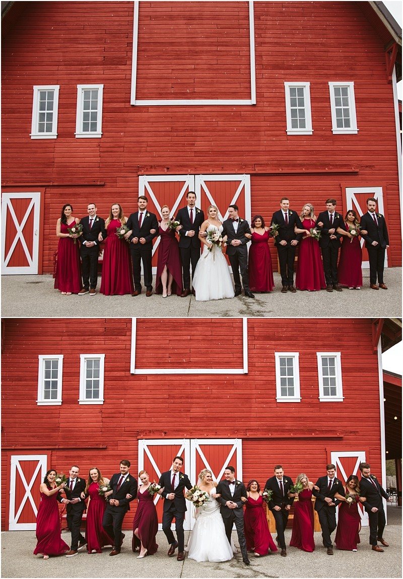 Premier Snohomish & Seattle Wedding Photographer | GSquared Weddings Photography Two photos capture a joyful Snohomish wedding party in front of a large red barn. The bride, bridesmaids in burgundy, and groomsmen in black suits are all smiles, celebrating their special day near Seattle. 47.9129° N, 122.0982° W | Serving Snohomish, Seattle , Orlando & Beyond