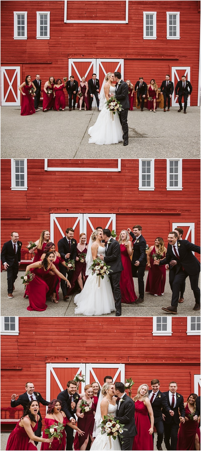 Premier Snohomish & Seattle Wedding Photographer | GSquared Weddings Photography A bride and groom kiss in front of a red barn at their Snohomish wedding, surrounded by a joyful party in burgundy and black, celebrating and smiling in three group photos. 47.9129° N, 122.0982° W | Serving Snohomish, Seattle , Orlando & Beyond
