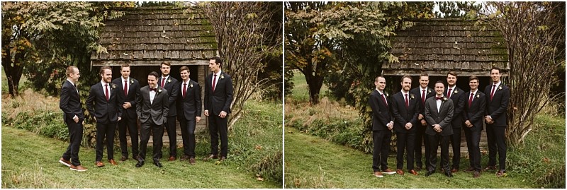 Premier Snohomish & Seattle Wedding Photographer | GSquared Weddings Photography Six men in suits stand smiling together outside a rustic wooden shed, surrounded by greenery at a Snohomish Seattle wedding. In the first image, they're laughing; in the second, they pose more formally. 47.9129° N, 122.0982° W | Serving Snohomish, Seattle , Orlando & Beyond