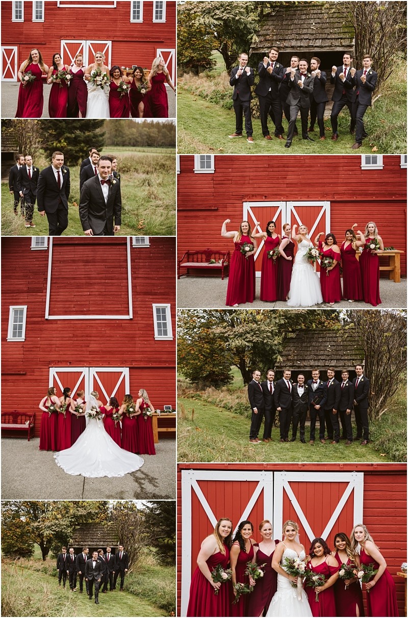 Premier Snohomish & Seattle Wedding Photographer | GSquared Weddings Photography A wedding party celebrates outdoors in Snohomish near Seattle, posing in front of a red barn. Women in burgundy dresses and men in black suits join the smiling bride in joyful group arrangements for this stunning wedding engagement. 47.9129° N, 122.0982° W | Serving Snohomish, Seattle , Orlando & Beyond