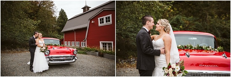 Premier Snohomish & Seattle Wedding Photographer | GSquared Weddings Photography A bride and groom stand together in front of a classic red Chevrolet decorated with flowers, posing for wedding photos at a rustic red barn surrounded by trees—capturing the charm of a Snohomish Seattle wedding. 47.9129° N, 122.0982° W | Serving Snohomish, Seattle , Orlando & Beyond