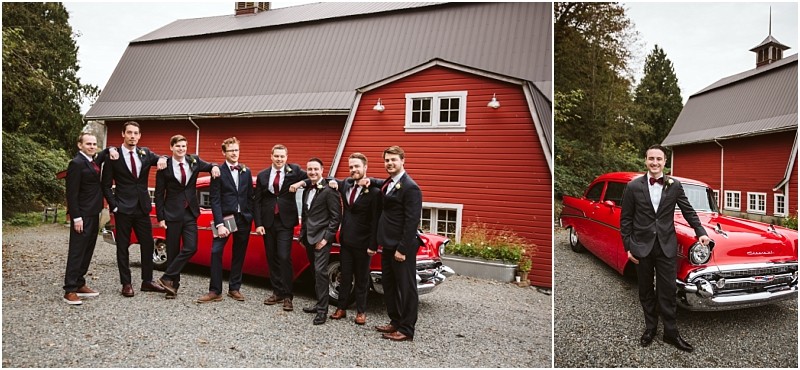 Premier Snohomish & Seattle Wedding Photographer | GSquared Weddings Photography A group of men in suits and bow ties stand in front of a vintage red car and a red barn, capturing classic style at a Snohomish wedding. One man poses alone with the car on the right, set outdoors on a gravel driveway. 47.9129° N, 122.0982° W | Serving Snohomish, Seattle , Orlando & Beyond