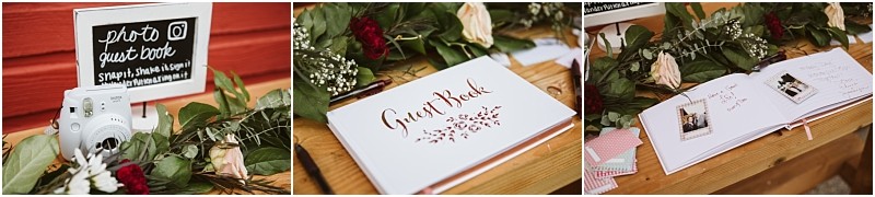 Premier Snohomish & Seattle Wedding Photographer | GSquared Weddings Photography A charming Snohomish Seattle wedding guest book station features a white instant camera, a sign encouraging Instagram posts, lush greenery, and an open guest book with heartfelt messages and photos on a wooden table. 47.9129° N, 122.0982° W | Serving Snohomish, Seattle , Orlando & Beyond