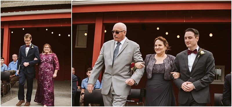 Premier Snohomish & Seattle Wedding Photographer | GSquared Weddings Photography Two photos side by side: In both, a couple walks arm in arm with a young man. Outdoors near a red building, they’re dressed formally for what appears to be a Snohomish wedding ceremony. Guests are seated nearby. 47.9129° N, 122.0982° W | Serving Snohomish, Seattle , Orlando & Beyond