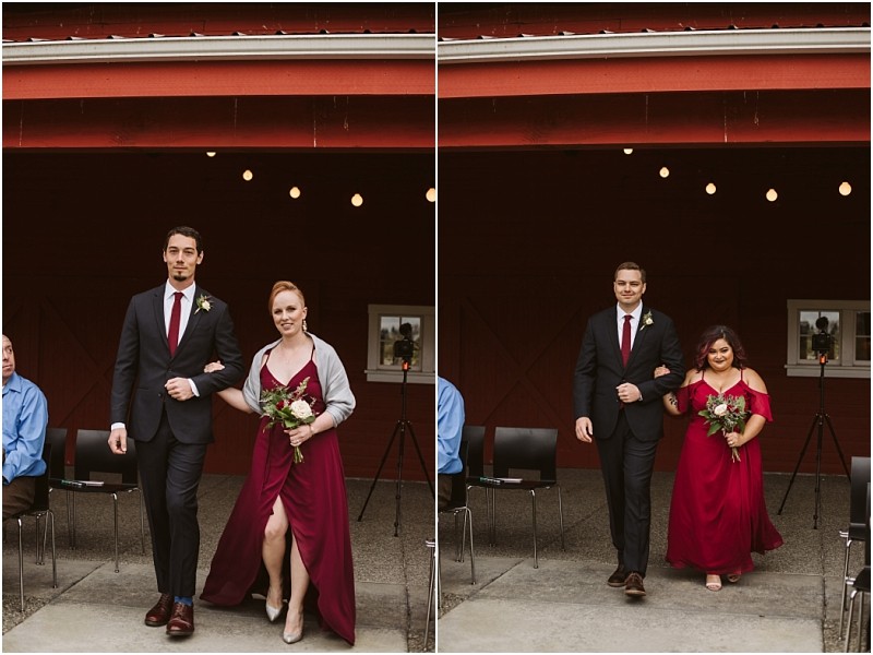 Premier Snohomish & Seattle Wedding Photographer | GSquared Weddings Photography Two pairs of bridesmaids and groomsmen, dressed in matching burgundy attire, walk arm-in-arm at a Snohomish wedding ceremony. The outdoor scene features a red barn with string lights overhead, capturing a classic Seattle engagement vibe. 47.9129° N, 122.0982° W | Serving Snohomish, Seattle , Orlando & Beyond