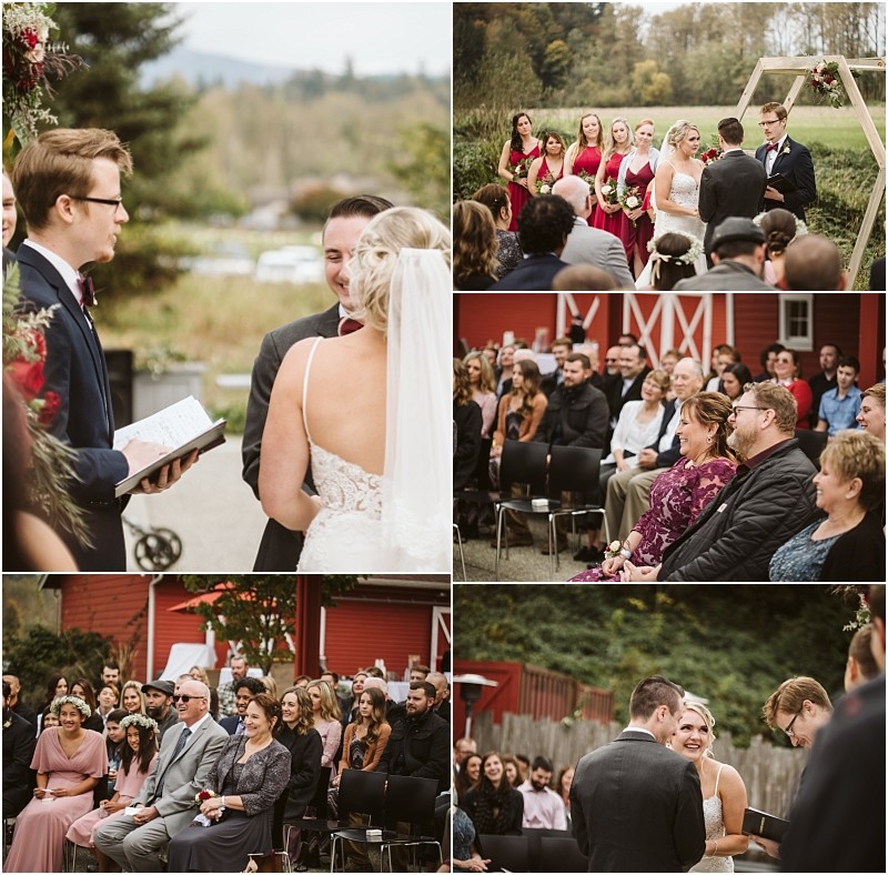 Premier Snohomish & Seattle Wedding Photographer | GSquared Weddings Photography A collage of Snohomish outdoor wedding photos shows a couple exchanging vows before guests. The bride wears a white dress and veil; bridesmaids in burgundy stand behind. Guests smile and watch the ceremony on a sunny day. 47.9129° N, 122.0982° W | Serving Snohomish, Seattle , Orlando & Beyond