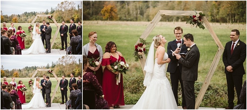 Premier Snohomish & Seattle Wedding Photographer | GSquared Weddings Photography Three photos capture a Snohomish wedding ceremony. A bride and groom exchange vows under a wooden hexagon arch, surrounded by bridesmaids in red and groomsmen in suits, with a scenic grassy field as the perfect backdrop near Seattle. 47.9129° N, 122.0982° W | Serving Snohomish, Seattle , Orlando & Beyond