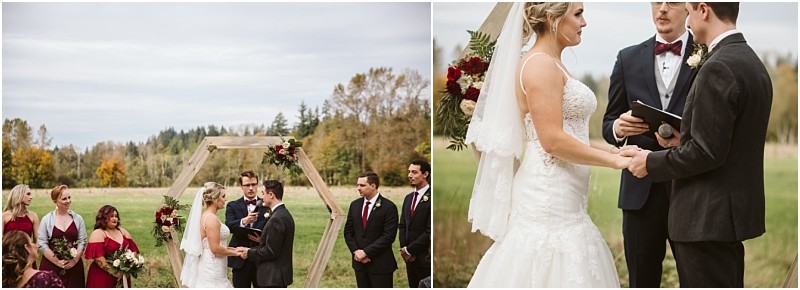 Premier Snohomish & Seattle Wedding Photographer | GSquared Weddings Photography Two wedding photos show a bride and groom exchanging vows outdoors at a Snohomish Seattle wedding. Bridesmaids in burgundy dresses and groomsmen in dark suits stand nearby, with trees and fields visible under a cloudy sky. 47.9129° N, 122.0982° W | Serving Snohomish, Seattle , Orlando & Beyond