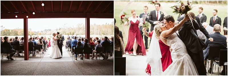 Premier Snohomish & Seattle Wedding Photographer | GSquared Weddings Photography Two photos of a Snohomish wedding: on the left, a bride and groom kiss at an outdoor ceremony with guests seated; on the right, the couple celebrates joyfully, surrounded by their wedding party in burgundy dresses and suits. 47.9129° N, 122.0982° W | Serving Snohomish, Seattle , Orlando & Beyond