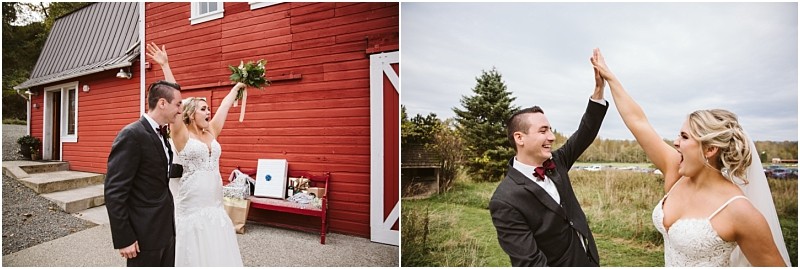 Premier Snohomish & Seattle Wedding Photographer | GSquared Weddings Photography Two wedding photos: a joyful bride and groom celebrate outdoors in Snohomish, near Seattle, sharing a high five—one image features a red barn backdrop, the other lush greenery, capturing the spirit of their wedding engagement. 47.9129° N, 122.0982° W | Serving Snohomish, Seattle , Orlando & Beyond