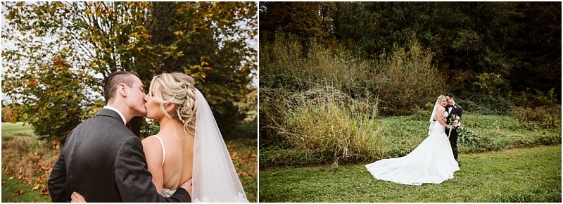 Premier Snohomish & Seattle Wedding Photographer | GSquared Weddings Photography A bride and groom share a kiss outdoors on their Snohomish wedding day, surrounded by greenery and autumn trees, with the bride in a white dress and veil and the groom in a dark suit. 47.9129° N, 122.0982° W | Serving Snohomish, Seattle , Orlando & Beyond