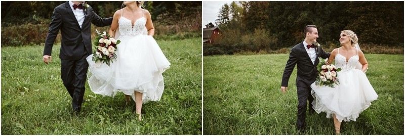 Premier Snohomish & Seattle Wedding Photographer | GSquared Weddings Photography A bride in a white dress holds up her skirt and bouquet while walking through a grassy field with her groom in a dark suit. Smiling at each other, they share a joyful Snohomish Seattle wedding moment. 47.9129° N, 122.0982° W | Serving Snohomish, Seattle , Orlando & Beyond