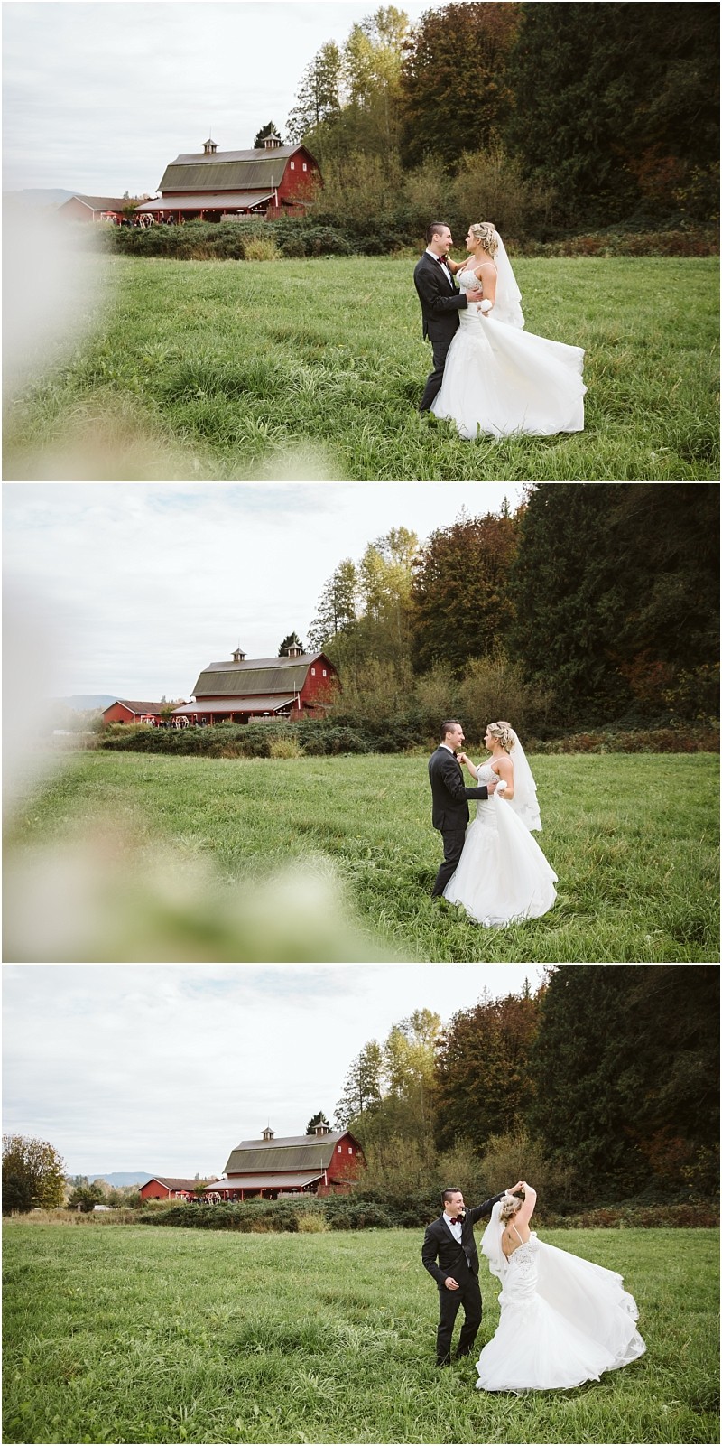 Premier Snohomish & Seattle Wedding Photographer | GSquared Weddings Photography A bride and groom dance joyfully together in a grassy field near a red barn and trees under a cloudy sky, capturing the magic of a Snohomish Seattle wedding. 47.9129° N, 122.0982° W | Serving Snohomish, Seattle , Orlando & Beyond