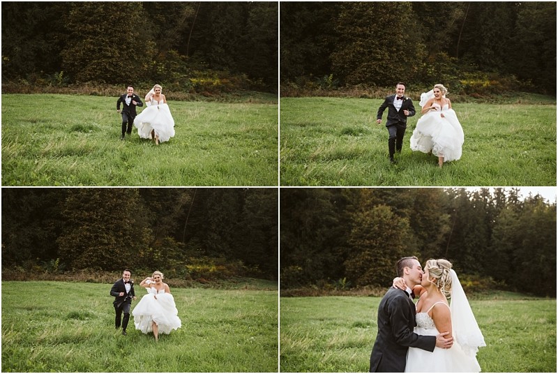 Premier Snohomish & Seattle Wedding Photographer | GSquared Weddings Photography A four-panel collage shows a bride and groom running toward each other across a grassy field, smiling joyfully, then embracing and kissing with trees in the background at their romantic Snohomish Seattle wedding engagement. 47.9129° N, 122.0982° W | Serving Snohomish, Seattle , Orlando & Beyond