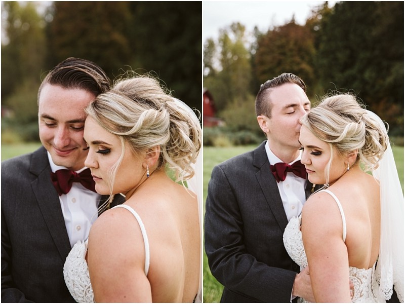 Premier Snohomish & Seattle Wedding Photographer | GSquared Weddings Photography A Snohomish Seattle wedding couple stands close outdoors. In the left image, they gently touch foreheads, eyes closed. In the right, the groom kisses his bride’s temple as she looks down, surrounded by trees and grass. 47.9129° N, 122.0982° W | Serving Snohomish, Seattle , Orlando & Beyond