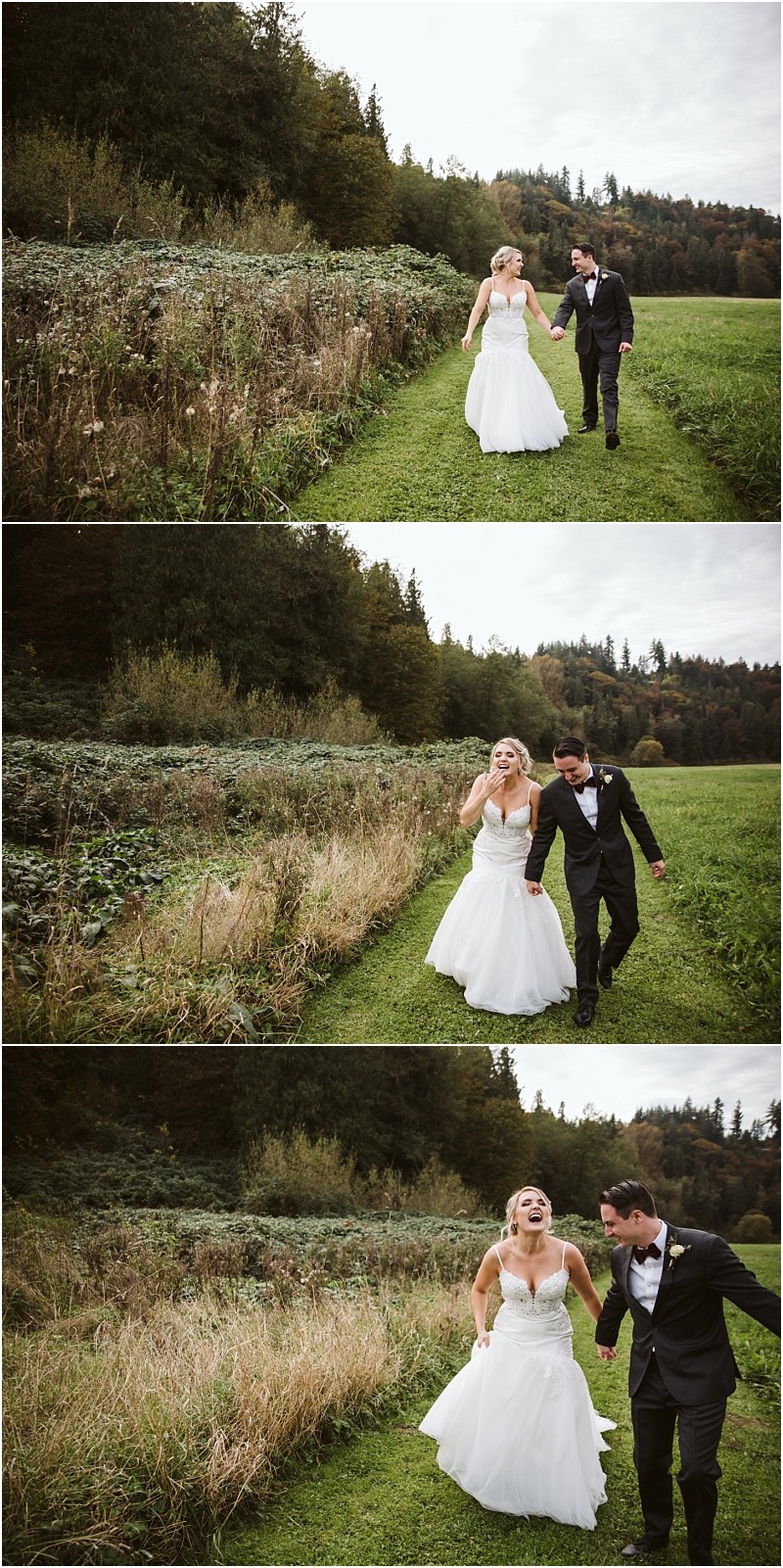 Premier Snohomish & Seattle Wedding Photographer | GSquared Weddings Photography A bride in a white dress and a groom in a black suit joyfully walk and run together along a grassy path in the scenic, green Snohomish countryside near Seattle, capturing the essence of their wedding engagement. 47.9129° N, 122.0982° W | Serving Snohomish, Seattle , Orlando & Beyond