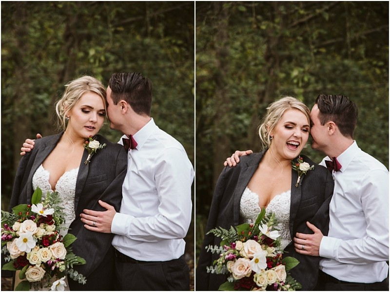 Premier Snohomish & Seattle Wedding Photographer | GSquared Weddings Photography A couple stands outdoors during their Snohomish engagement; the woman in a white lace dress and blazer holds a bouquet, while the man in a white shirt and red bow tie embraces her. In one photo, he kisses her head; in another, they share a laugh. 47.9129° N, 122.0982° W | Serving Snohomish, Seattle , Orlando & Beyond