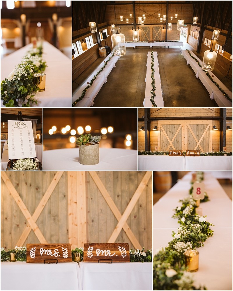 Premier Snohomish & Seattle Wedding Photographer | GSquared Weddings Photography A rustic Snohomish wedding reception setup in a wooden barn, featuring long tables with white tablecloths, greenery centerpieces, candles, and wood accents. Decorative Mr. and Mrs. signs are placed at the couple’s seats for a perfect Seattle engagement vibe. 47.9129° N, 122.0982° W | Serving Snohomish, Seattle , Orlando & Beyond