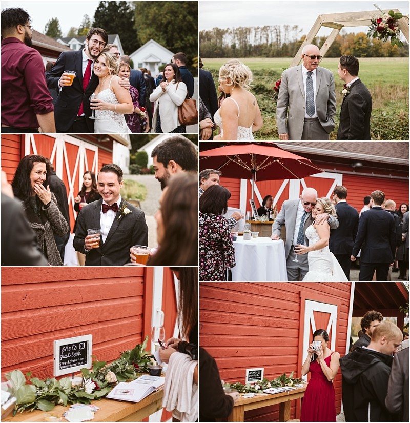 Premier Snohomish & Seattle Wedding Photographer | GSquared Weddings Photography A collage of outdoor Snohomish wedding photos shows guests mingling, laughing, and holding drinks by a red barn. The bride and groom interact with friends, and a guest signs a photo guestbook. The scene is festive and casual. 47.9129° N, 122.0982° W | Serving Snohomish, Seattle , Orlando & Beyond