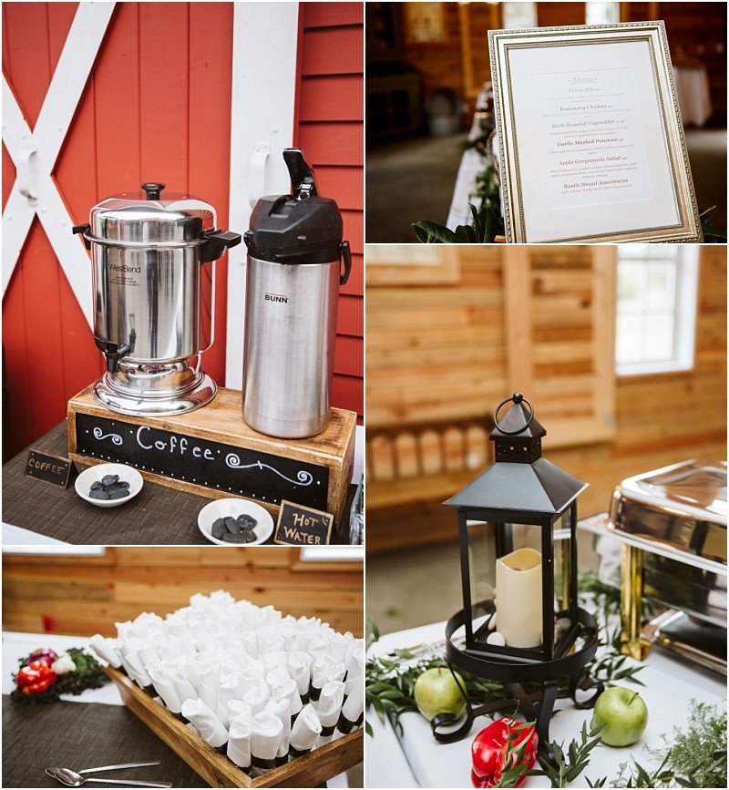 Premier Snohomish & Seattle Wedding Photographer | GSquared Weddings Photography A collage shows a coffee station with urns, a framed menu, a lantern with a candle, wrapped cutlery on a tray, and chafing dishes—all set up in a rustic wooden venue for a charming Snohomish Seattle wedding or engagement. 47.9129° N, 122.0982° W | Serving Snohomish, Seattle , Orlando & Beyond