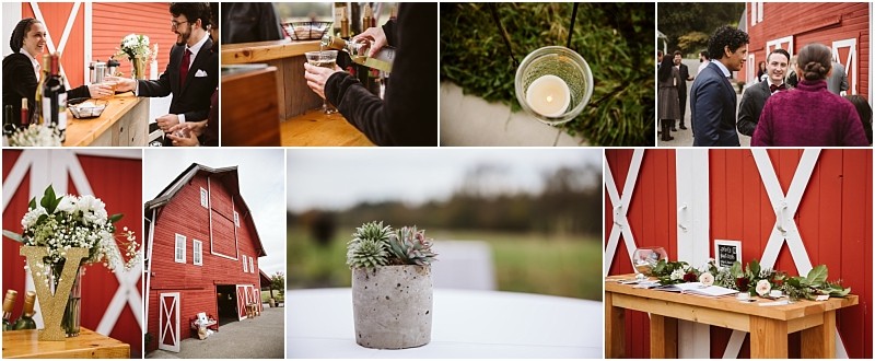 Premier Snohomish & Seattle Wedding Photographer | GSquared Weddings Photography A collage of rustic Snohomish wedding scenes features a red barn, guests socializing, a table setting, floral arrangements, a concrete succulent centerpiece, a lit candle, and drinks being served outdoors. 47.9129° N, 122.0982° W | Serving Snohomish, Seattle , Orlando & Beyond