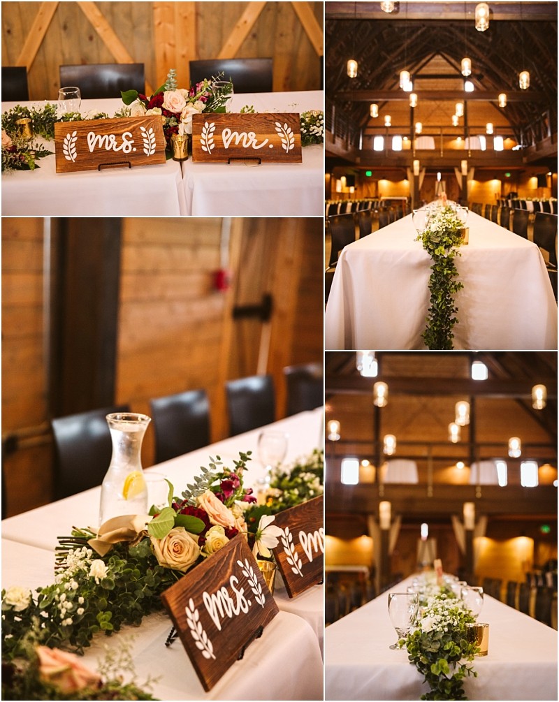 Premier Snohomish & Seattle Wedding Photographer | GSquared Weddings Photography Collage of wedding reception images showing rustic wooden “Mrs.” and “Mr.” signs, floral centerpieces, and a decorated head table in a warmly lit Snohomish barn venue—perfect inspiration for your Seattle wedding or engagement celebration. 47.9129° N, 122.0982° W | Serving Snohomish, Seattle , Orlando & Beyond