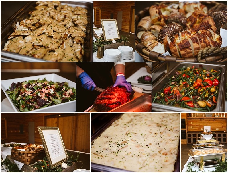 Premier Snohomish & Seattle Wedding Photographer | GSquared Weddings Photography A collage of buffet dishes including sliced bread, salad, roasted vegetables, mashed potatoes, carved roast beef, and chicken in sauce—perfect for a Snohomish Seattle wedding or engagement, beautifully arranged on tables for a catered event. 47.9129° N, 122.0982° W | Serving Snohomish, Seattle , Orlando & Beyond